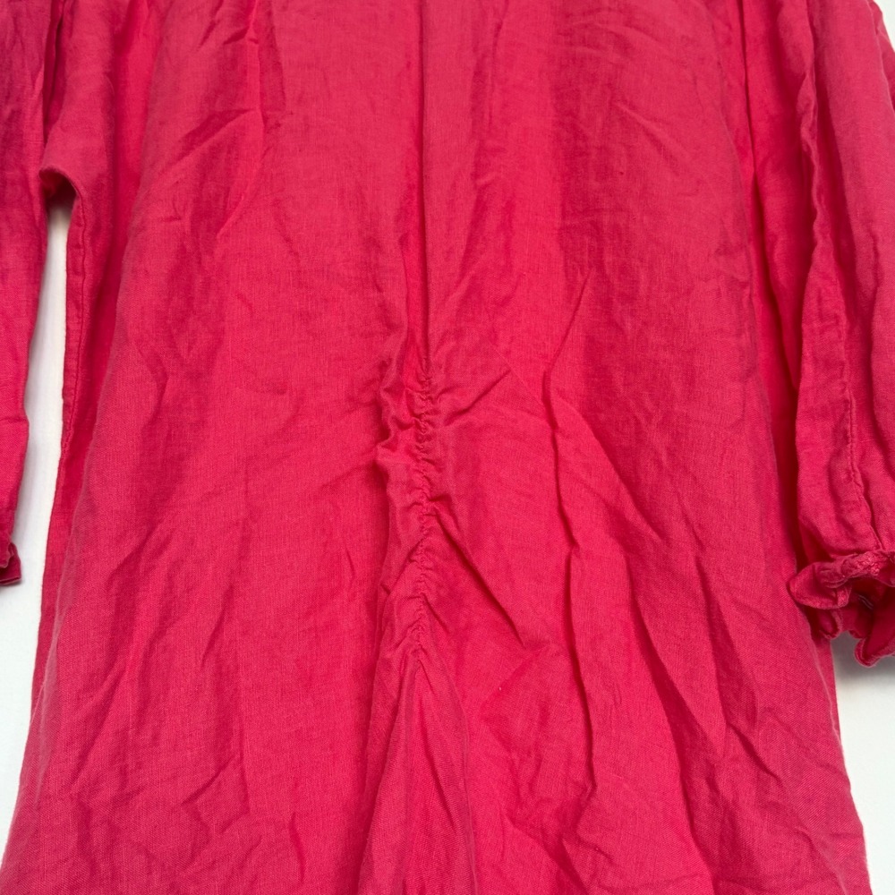 CJ LAING Pink Linen Ruffle V Neck Midi Dress Asymmetrical Hem Size L - Picture 6 of 9